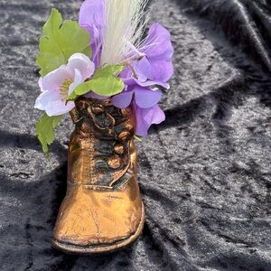 Antique-Style Bronze Baby Boot Accent Vase with Purple Floral Fill